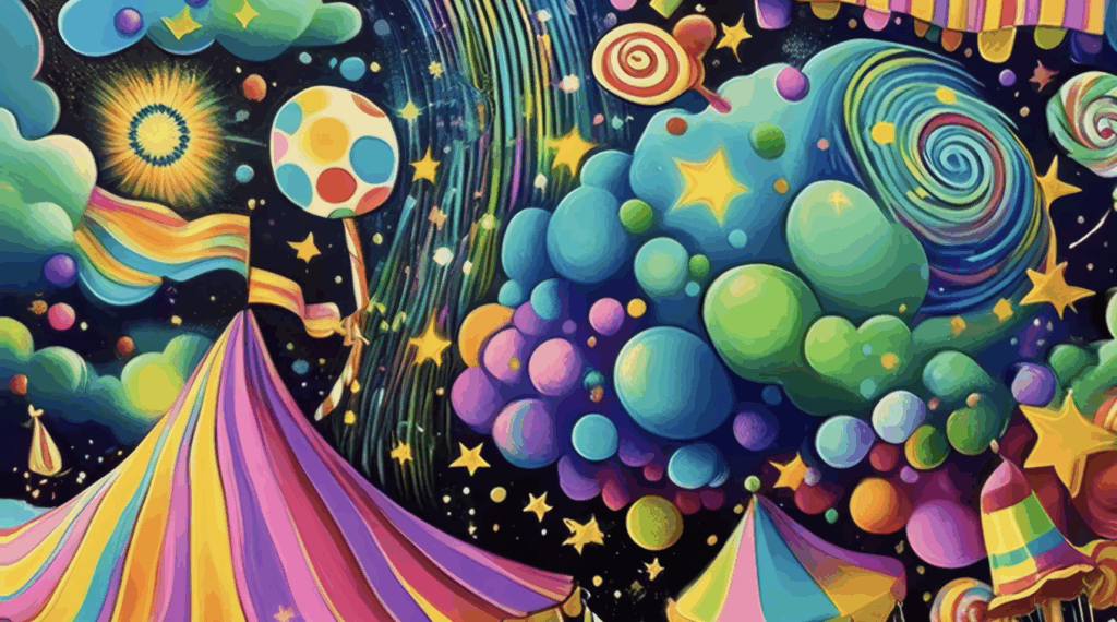 A close-up of psychedelic candy and swirling colors in a 4K trippy screensaver.